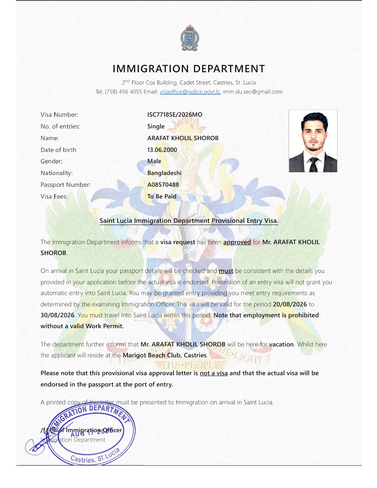 Sample provisional entry visa approval letter
